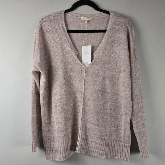 New Eileen Fisher Melanged 100% Linen Vneck Lightweight Boxy Sweater Pale Pink